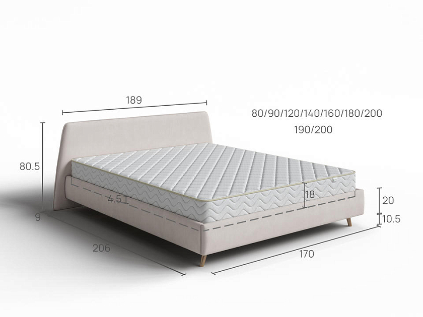 Кровать Binni 120x200 Ткань: Велюр Teddy Снежный - Кровать в стиле современного минимализма.