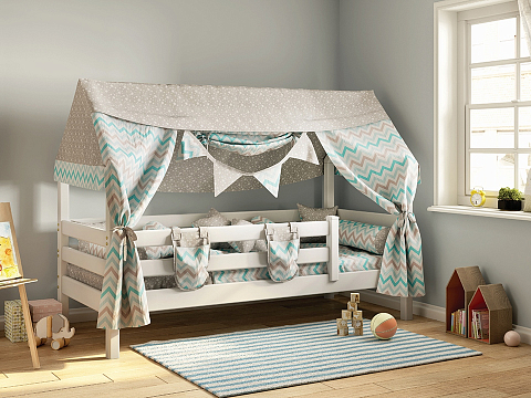 Двуспальная кровать с кожаным изголовьем Соня Домик - Кровать-домик из массива сосны